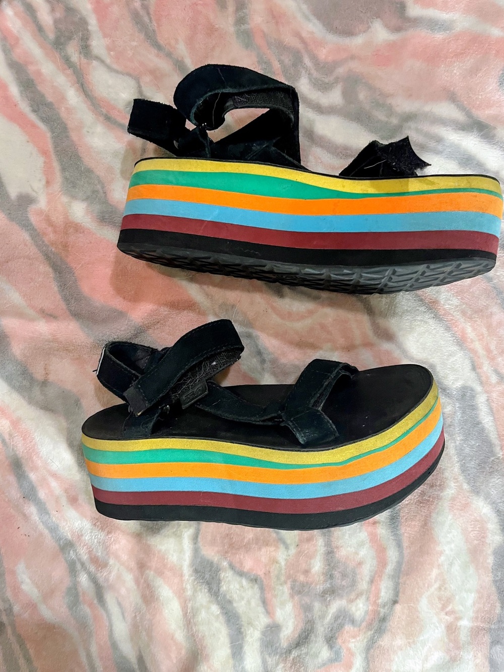 Opening Ceremony Black Suede Platform Sandals with Rainbow Striped Sole. Size 7